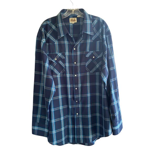 ELY CATTLEMAN XXL Pearl Snap Shirt Western Blue Plaid Chest Pockets Cowboy - Picture 1 of 8